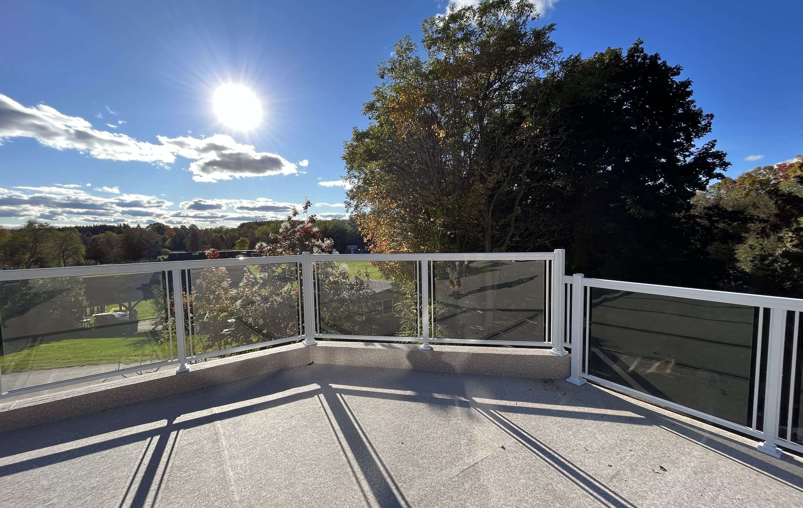 Custom Clear Glass Sundeck Railings Installation on Balcony (Ariss, ON) - WHITE