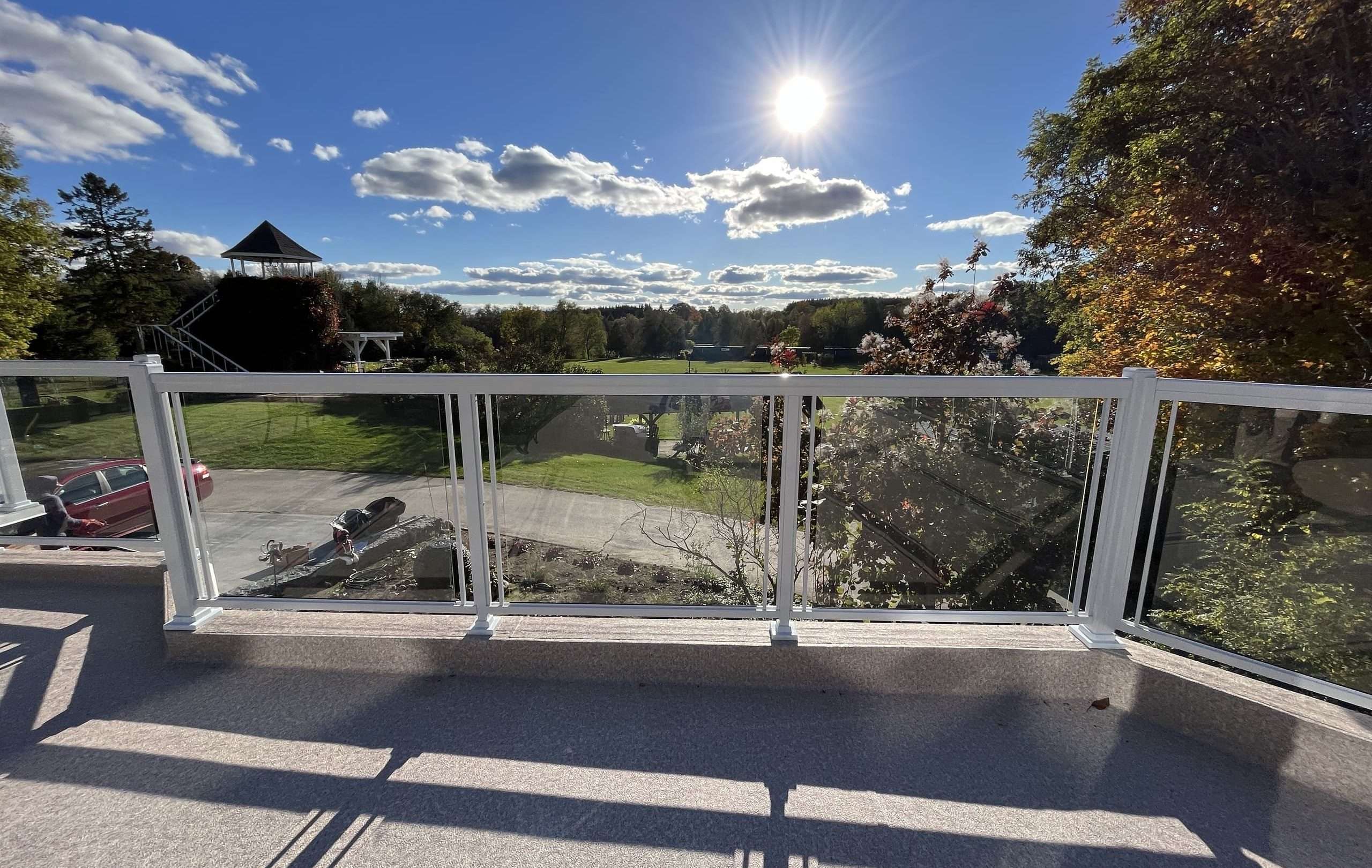 Custom Clear Glass Sundeck Railings Installation on Terrace (Ariss, ON) - WHITE