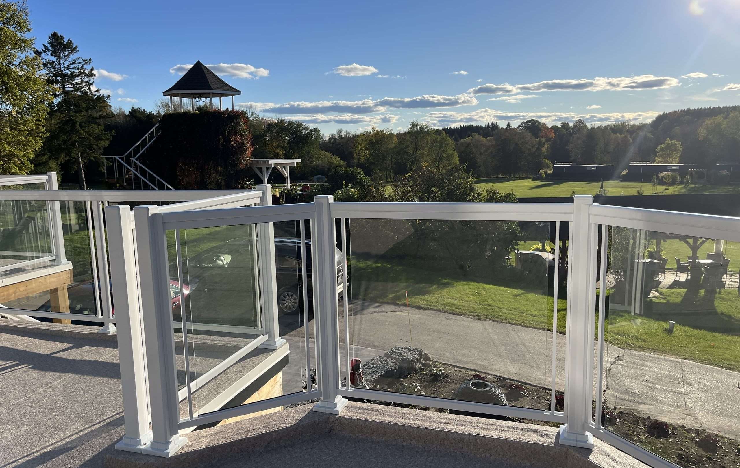 Deck Railings with Vision Clear Glass Installed (Ariss, ON) - WHITE